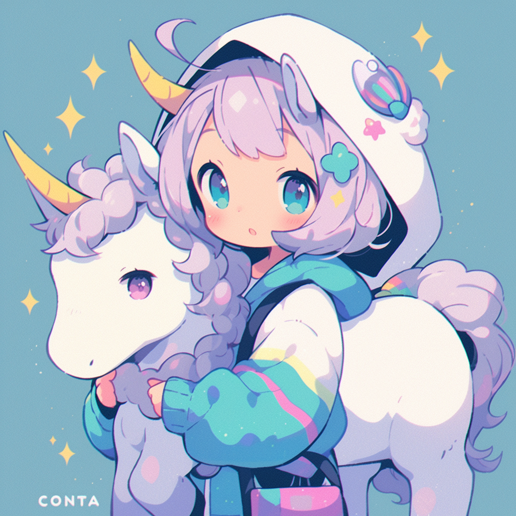 Girl riding white unicorn - cyan, blue, and green outfit