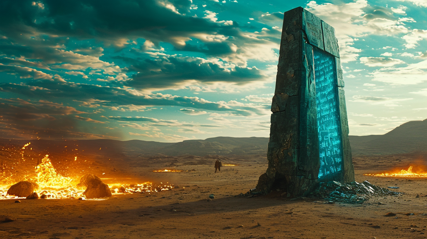 Cyan monolith with glowing inscriptions in desert  (6 words)