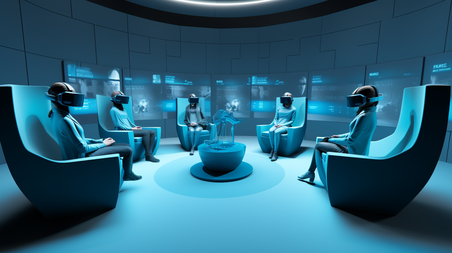 Four people wearing VR headsets in cyan-themed room