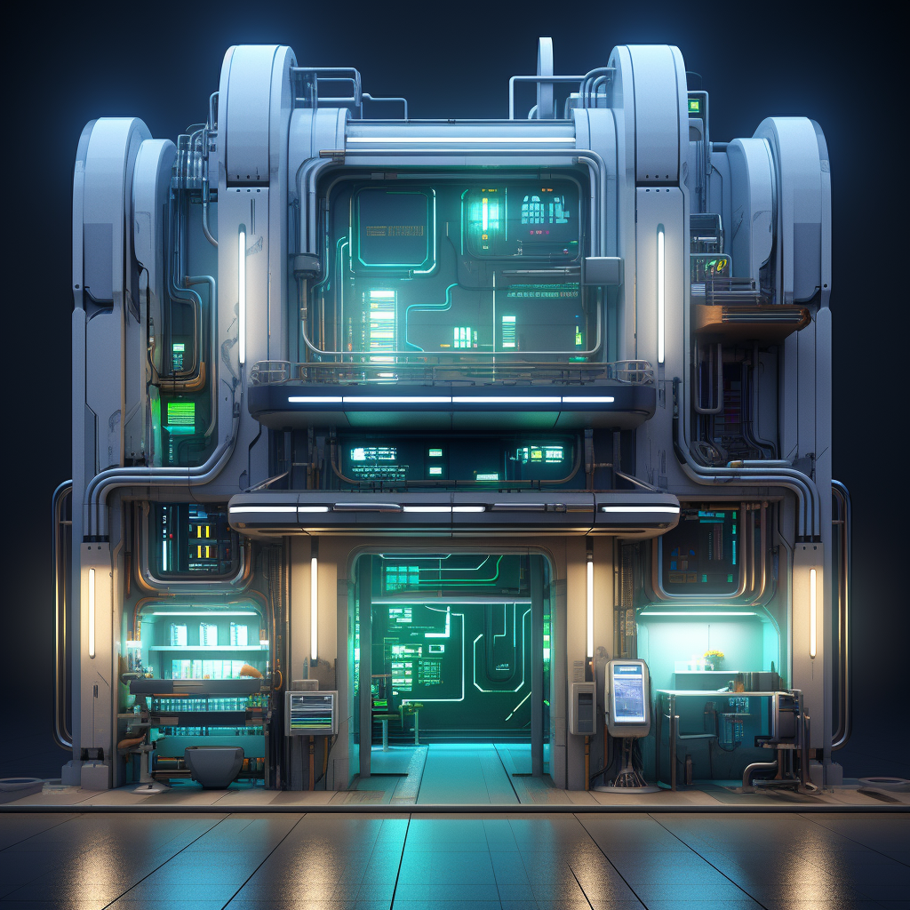 Detailed cyber city apartment entrance facade