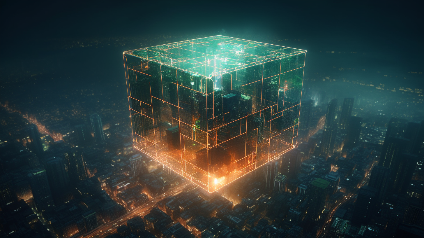 Giant floating cyber cube in the cinematic cyber city