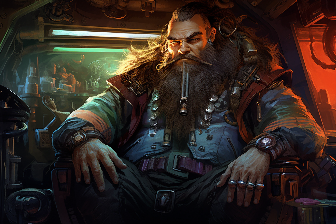 Shadowrun, the grumpy cyber dwarf sitting in futuristic car