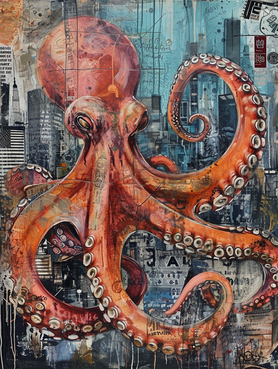 Image of a cyber punk octopus in a city with graffiti