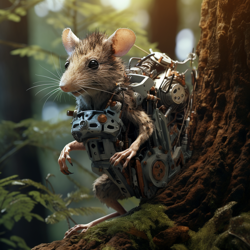 Cyber robot rat climbing tree stump