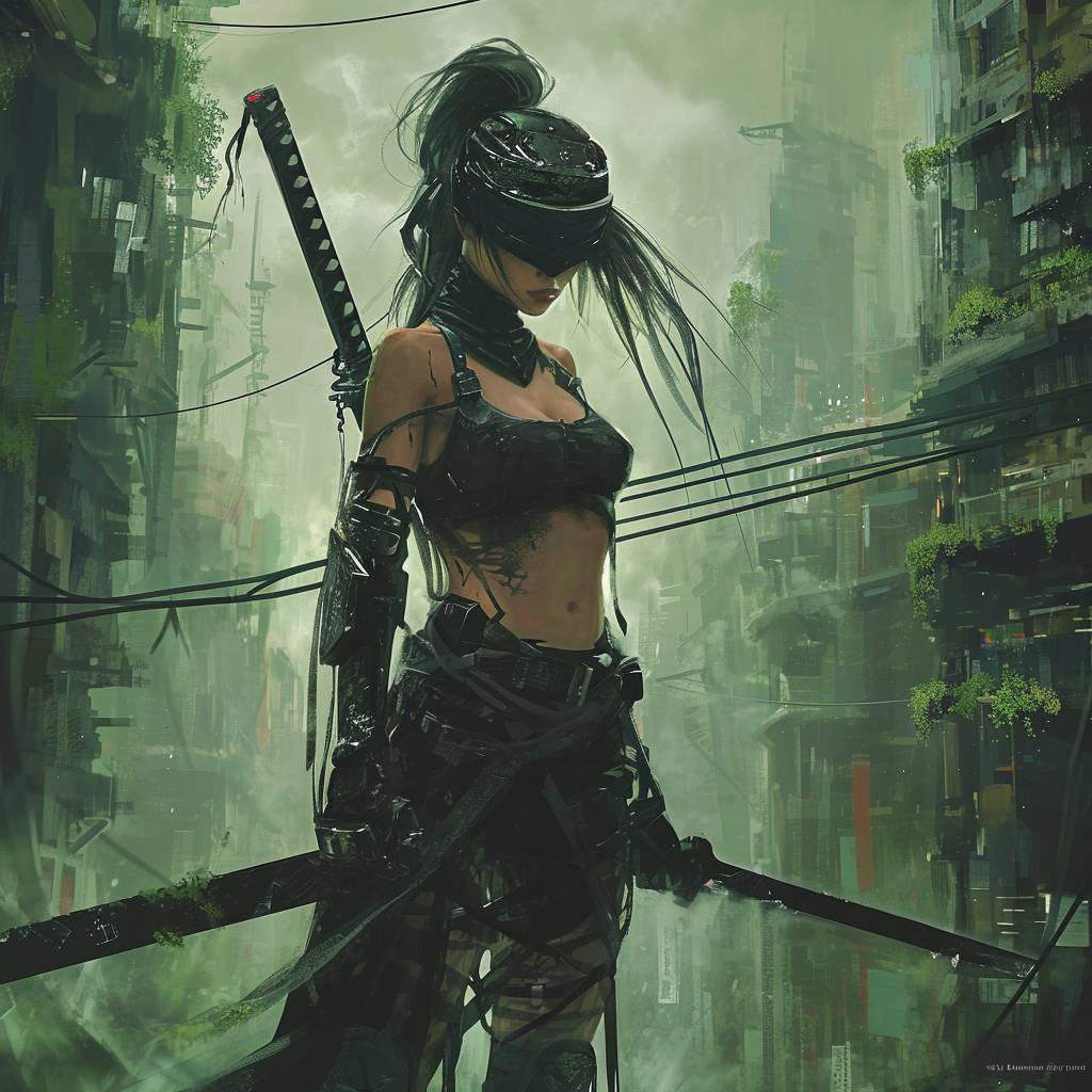 Cyber tech wear girl with giant samurai sword