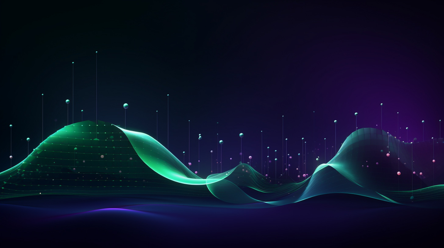 Dark Purple and Dark Green Cyber Background with Balls, Waves, and Audio Bars