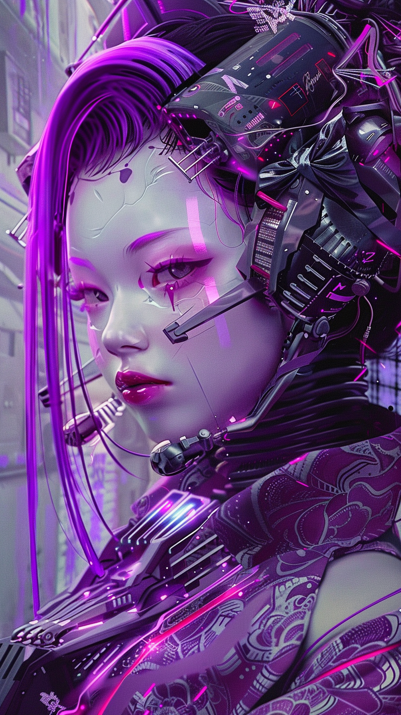 Cyber Geisha Girl in Violet and Purple