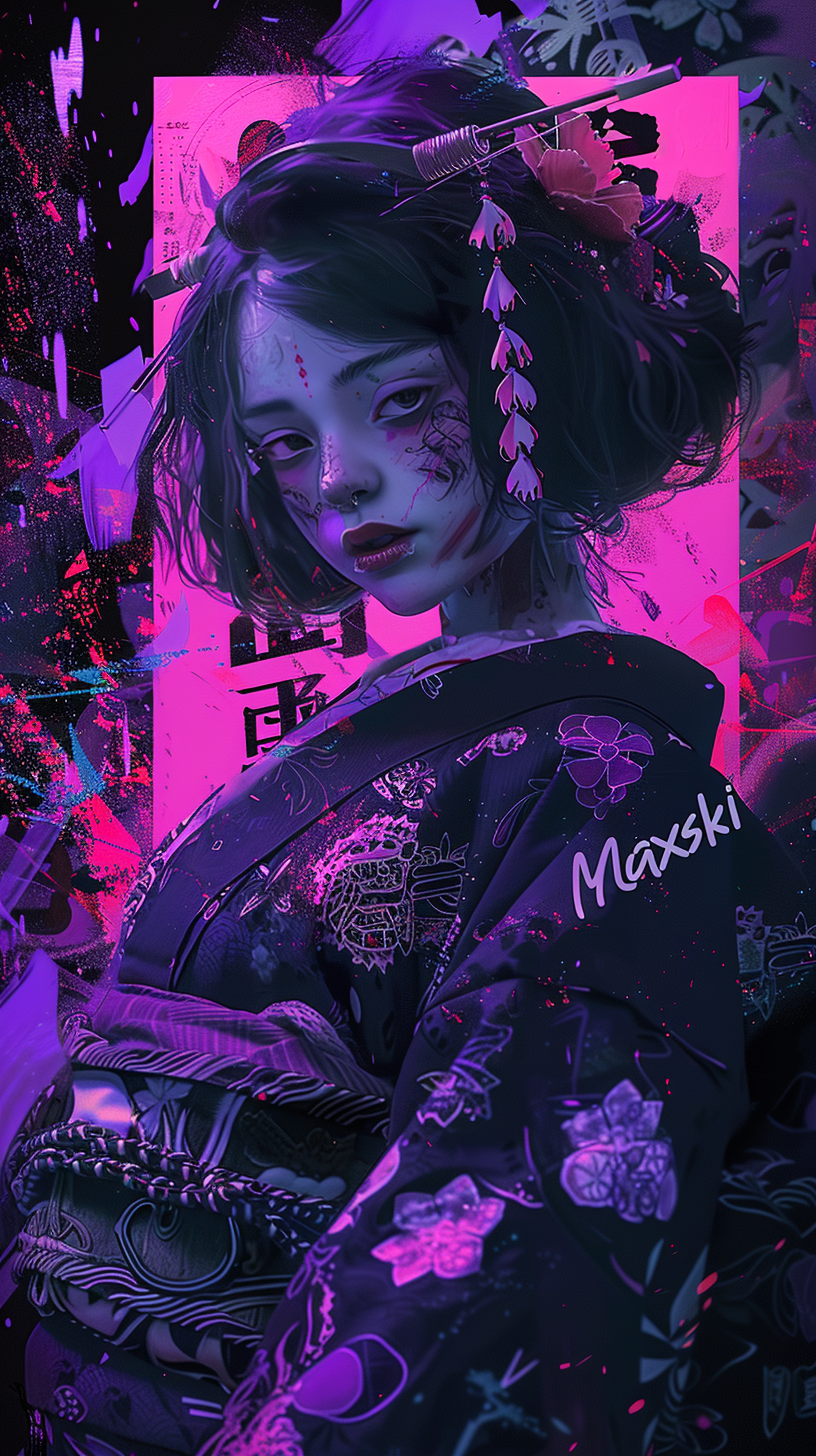 Cute anime cyber geisha girl