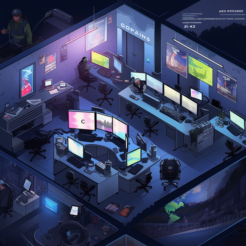 Open office space with cybercrime map graph