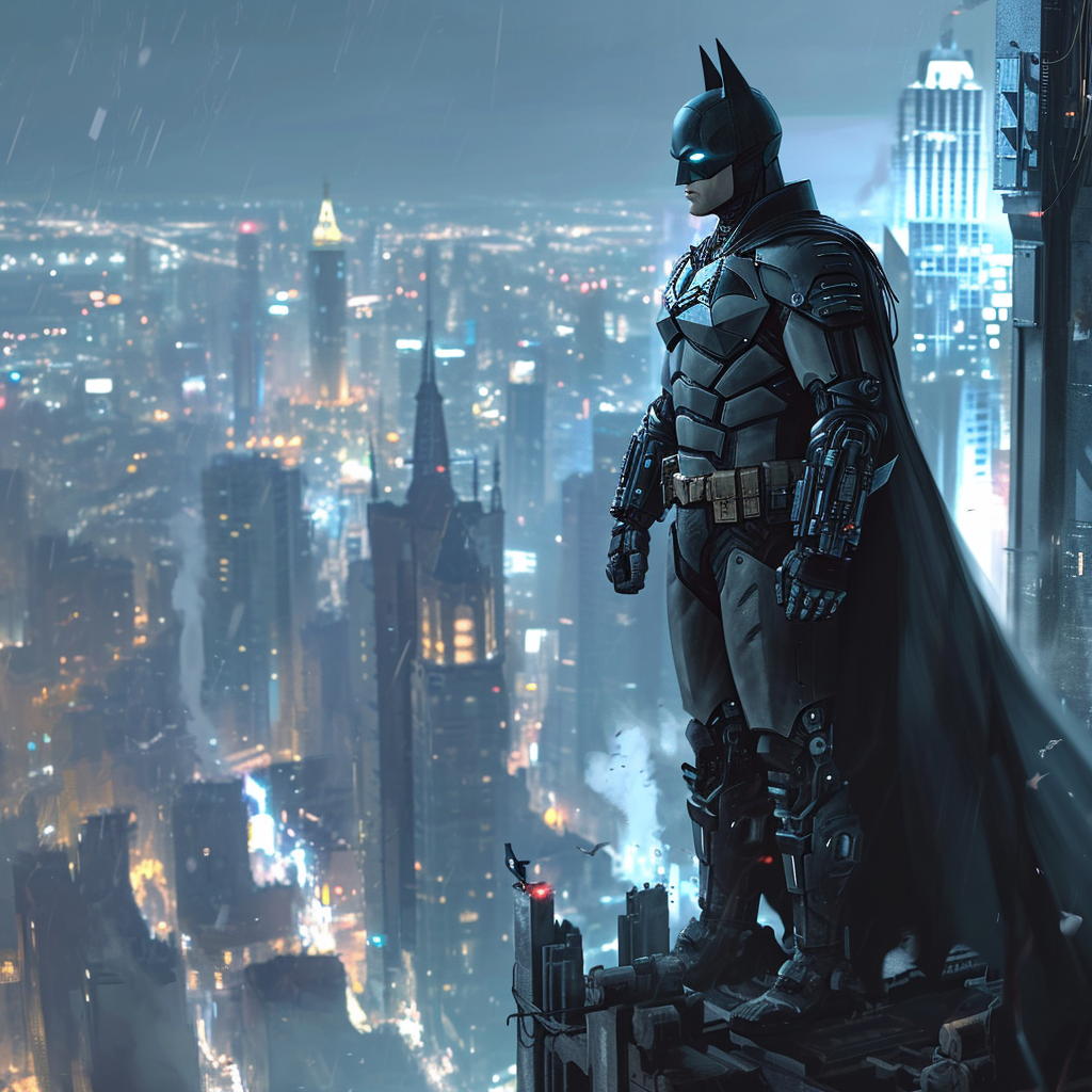 Batman with Cybernetic Arm atop City Building