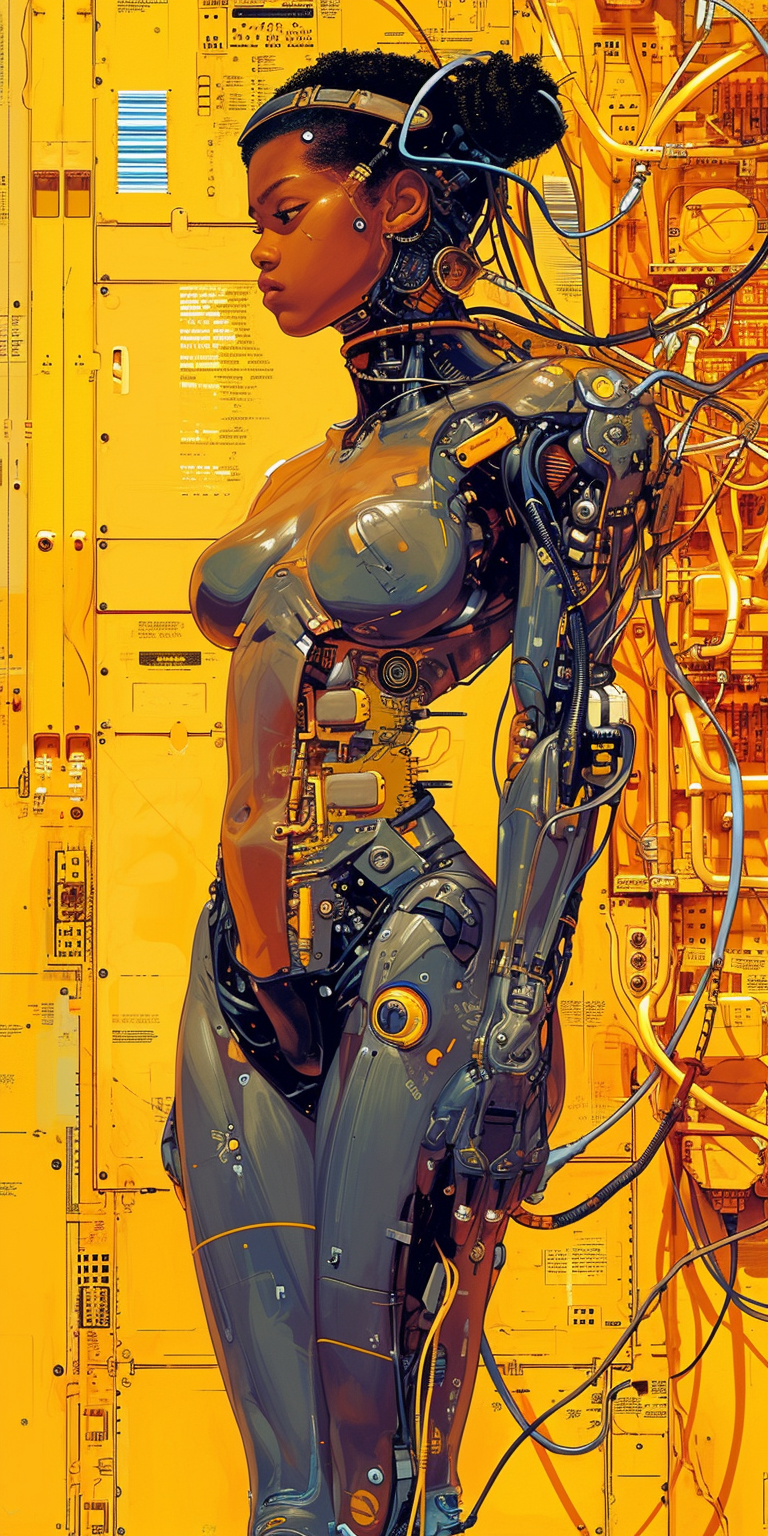 Cybernetic black woman integrated into mainframe