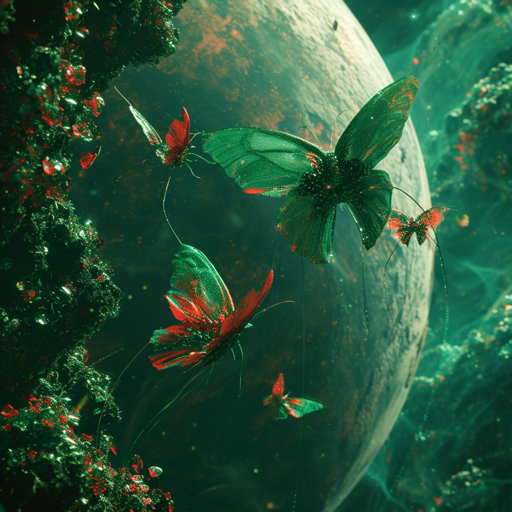 Cybernetic butterflies flying around Pluto in a cinematic shot