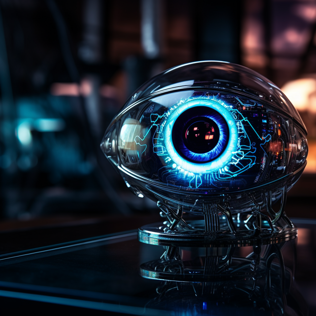 Detailed cybernetic eye on black table