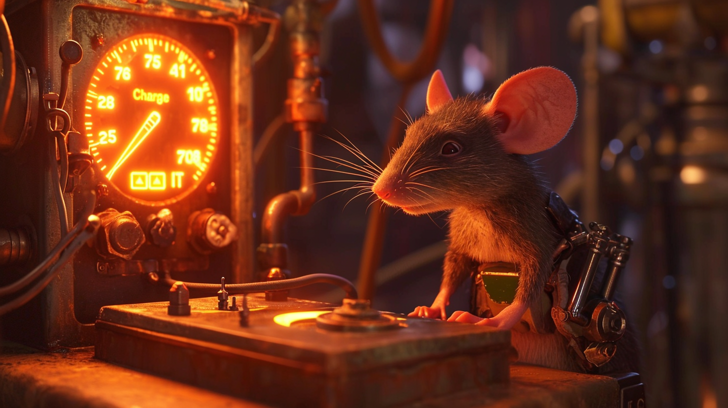 Cybernetic rat charging energy cell with 'Charge It' sign