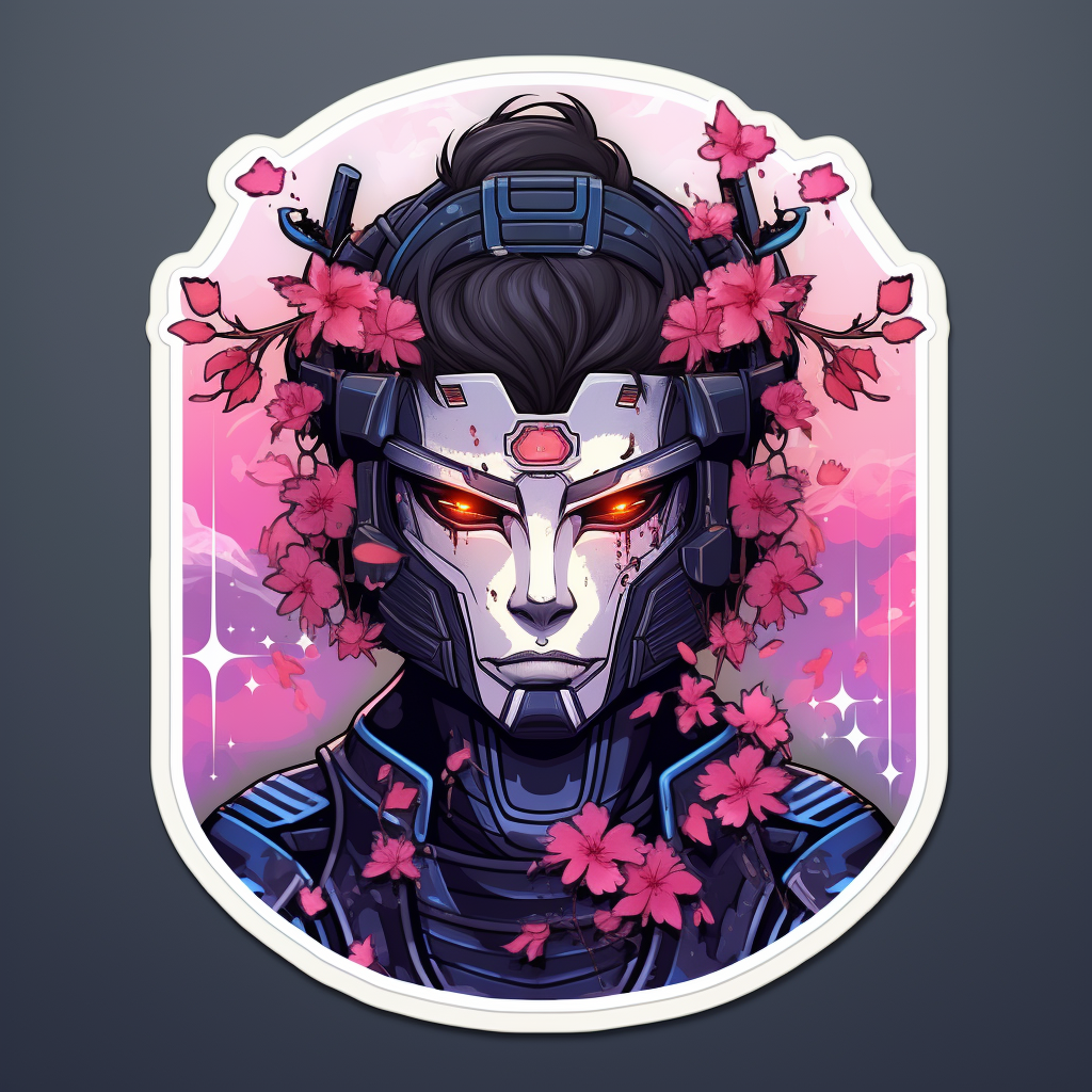 Cute cybernetic samurai sticker with square frame