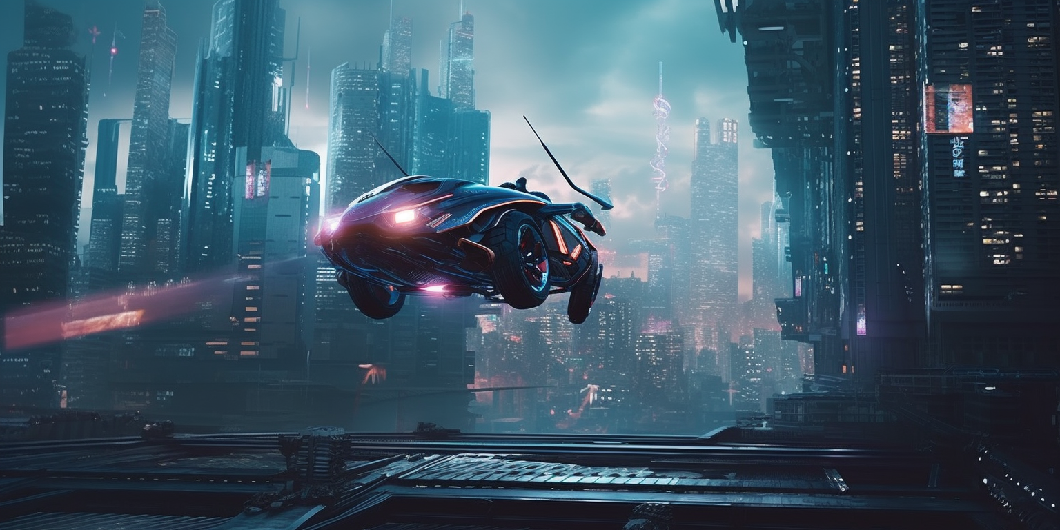 Cybernetic Soldier Leaping Futuristic Flying Car