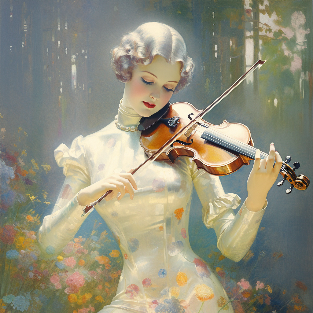 Cybernetic woman playing violin in 1920s folk country album