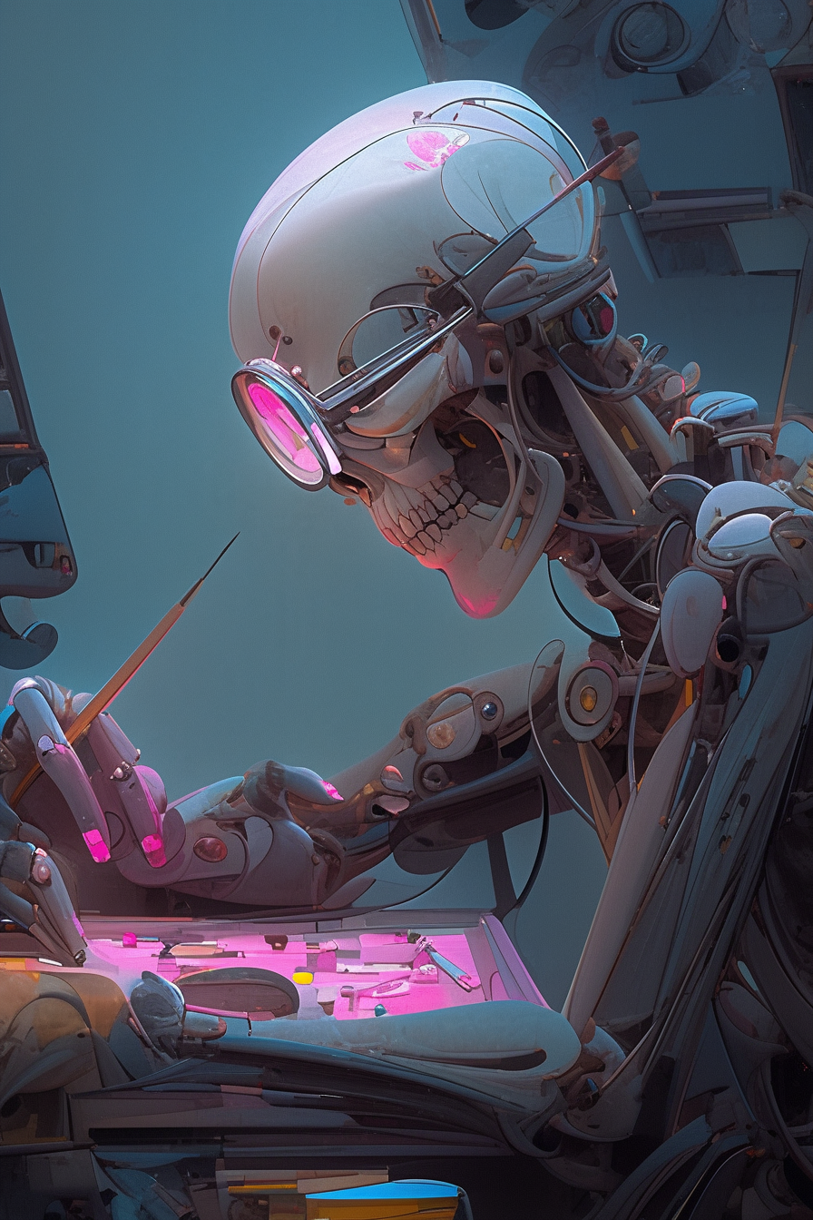 Cybernetic being painting a hyper realistic picture