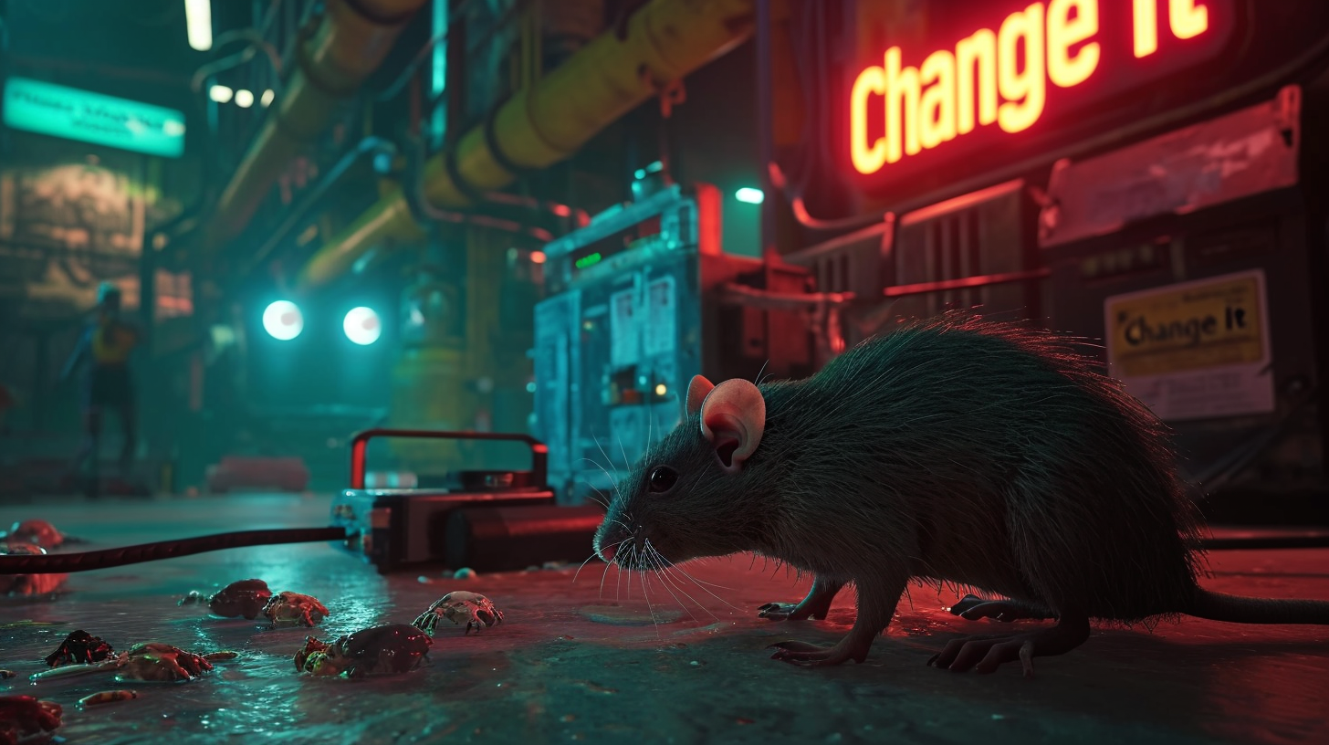 Illustration of a cybernetic rat interacting with modular tech