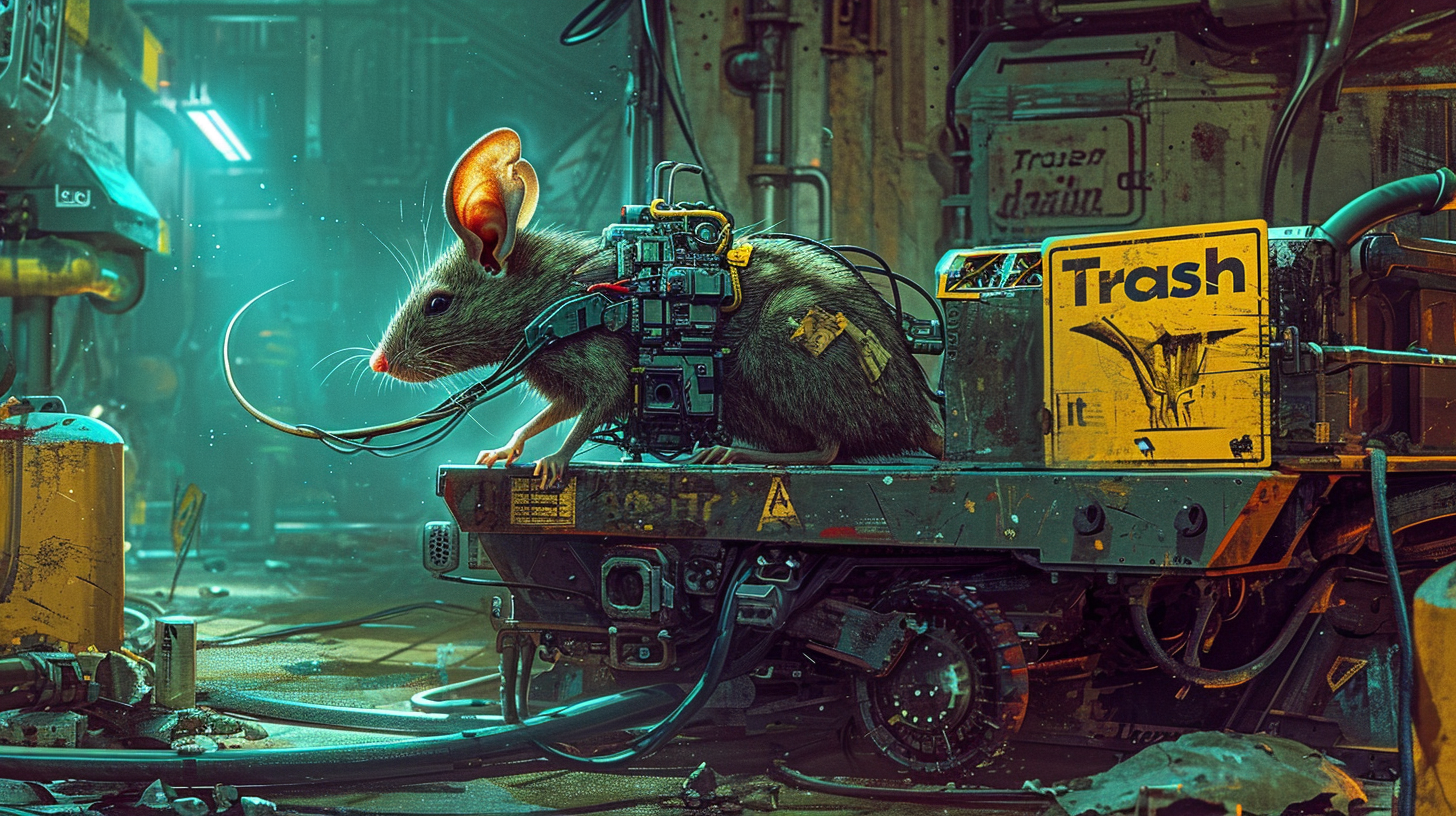 Cybernetic rat operating recycling drone with 'Trash It' sign