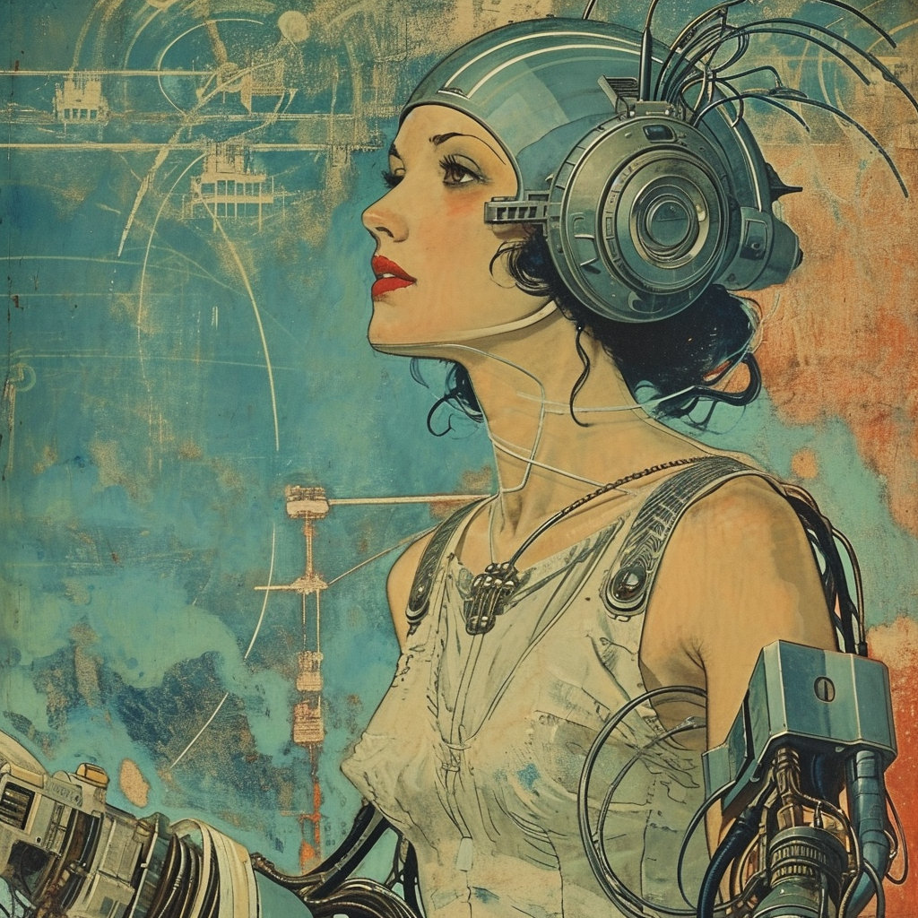 Cheerful cybernetic woman on 1920s folk album cover