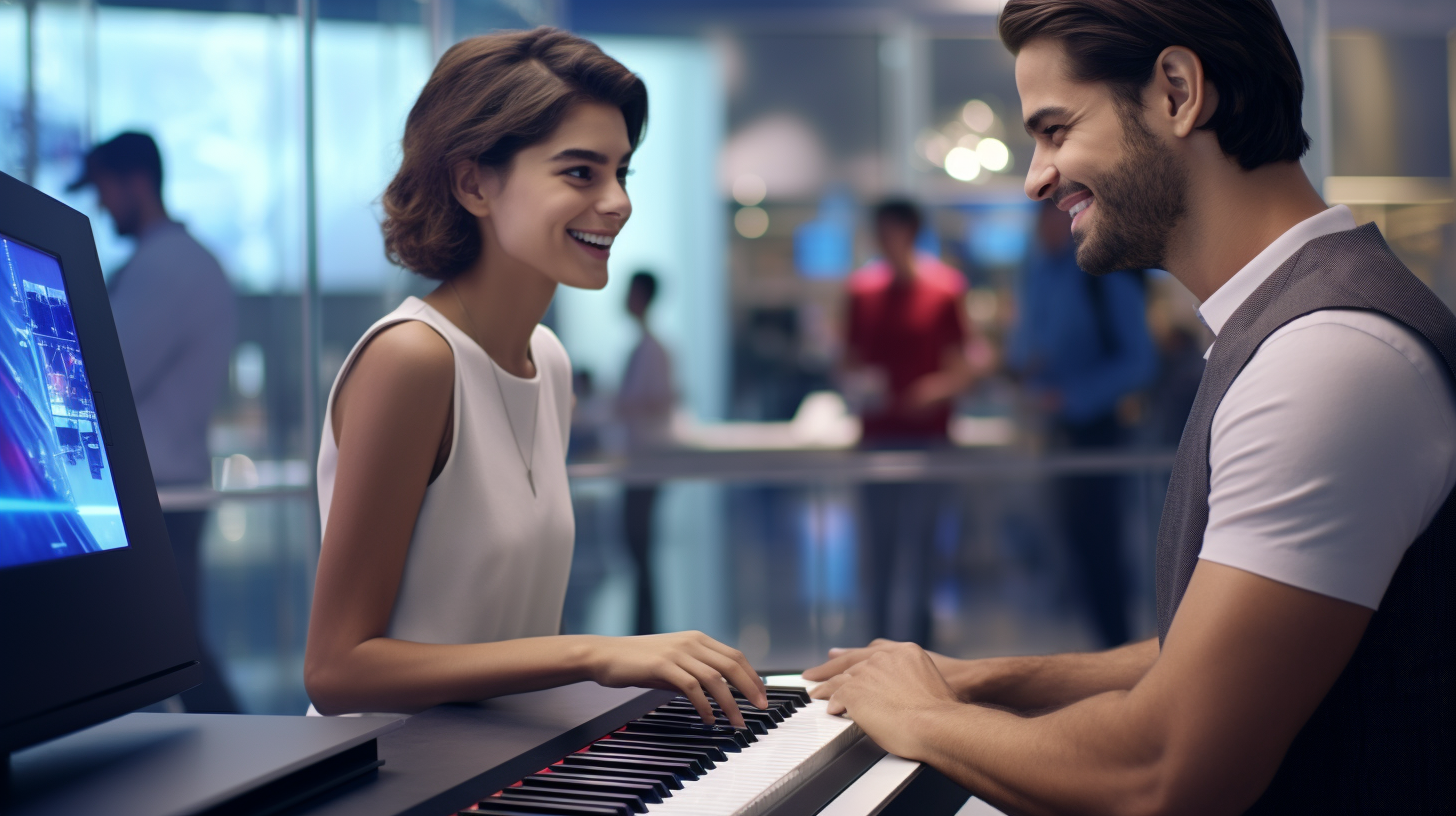 Man buying a Microsoft computer from a sales advisor