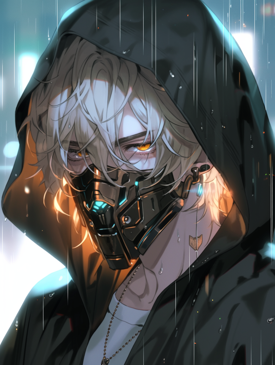 Anime boy with black hoodie and cyberpunk mask