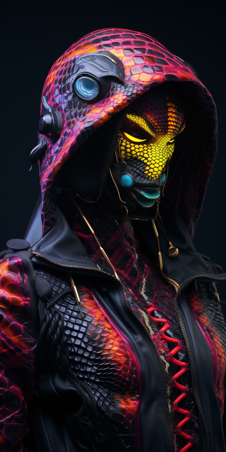 Cyberpunk anthropomorphic bush viper with vibrant scales and pretty eyes