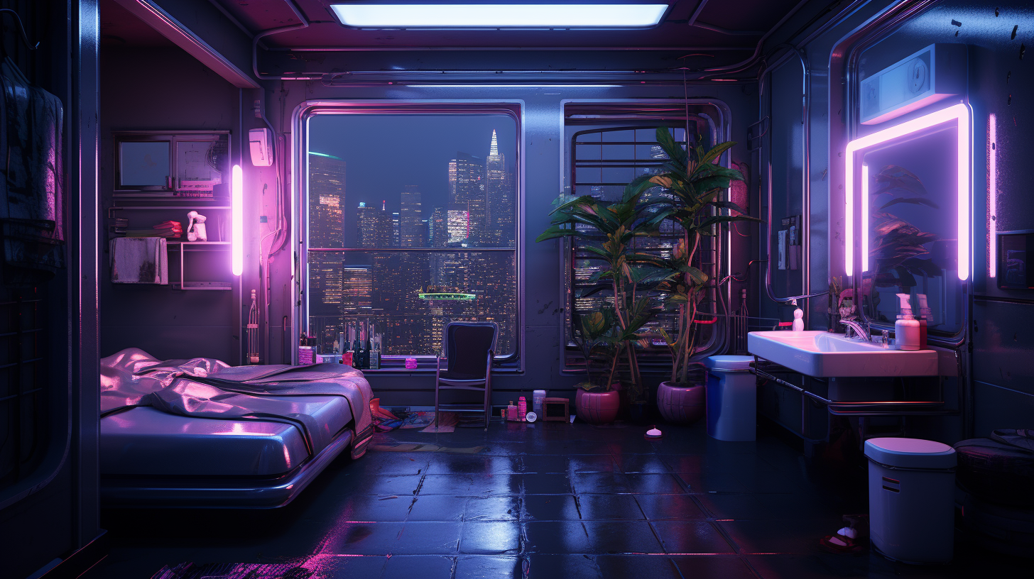 High-Quality Cyberpunk Apartment Bathroom Image