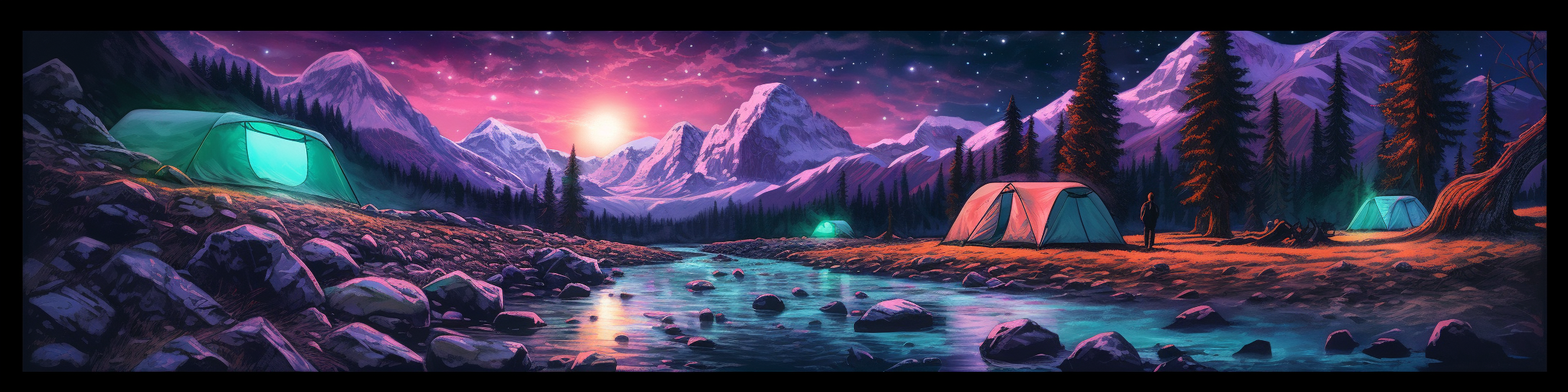 Futuristic Cyberpunk Camping Scene with Majestic Mountains and Neon Trees