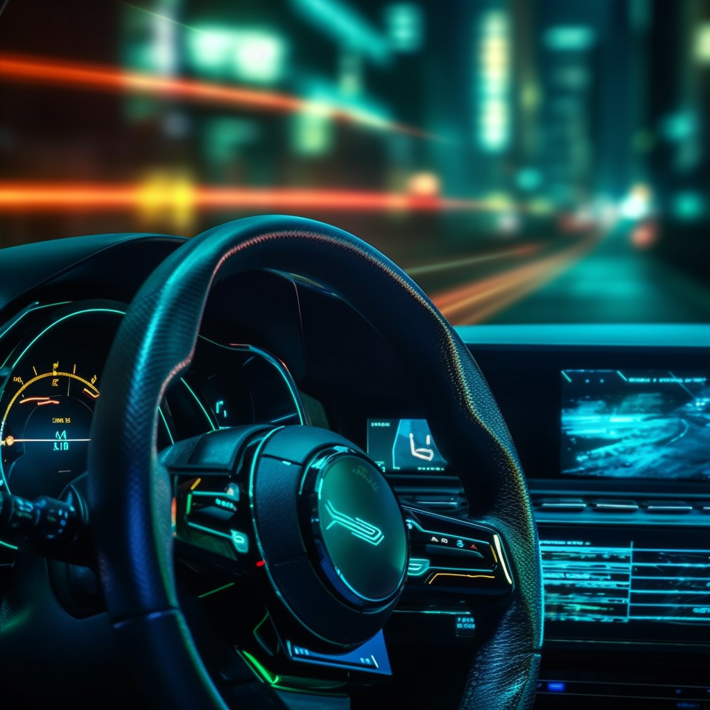 Glowing cyberpunk car steering wheel