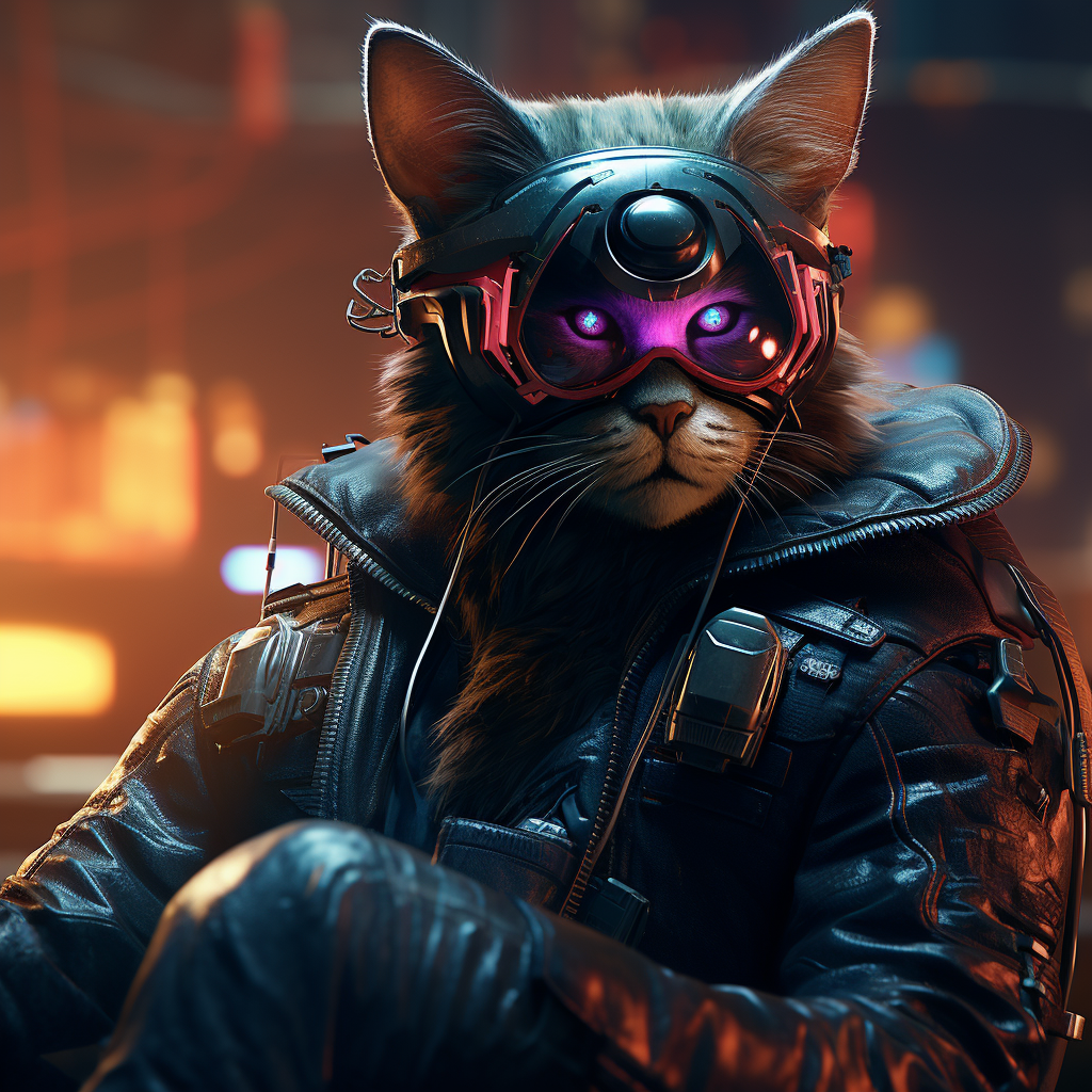 Cyberpunk cat dealing catnip in futuristic setting