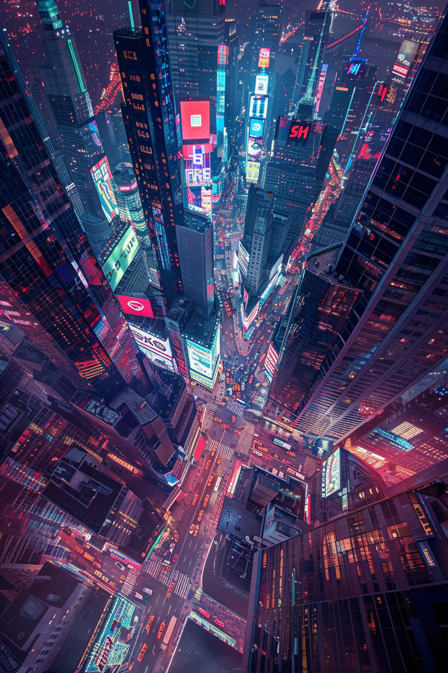 Cyberpunk city night skyline view