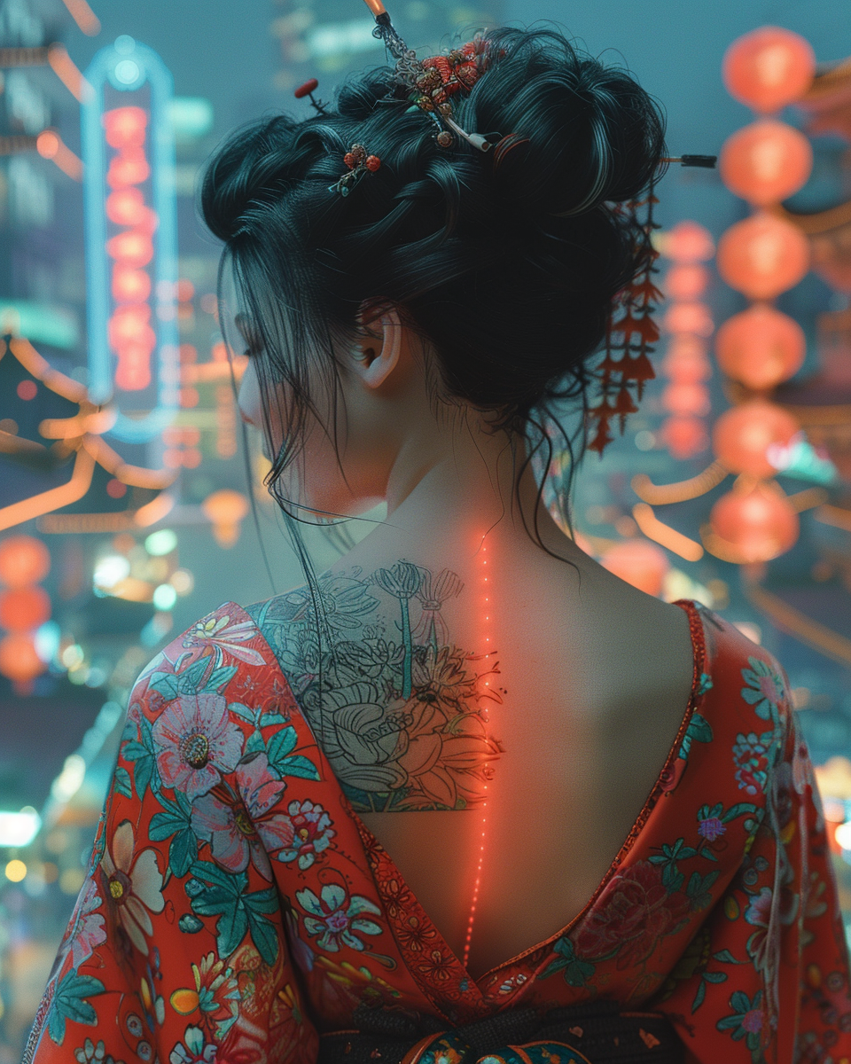 Cyberpunk City Geisha Neon Glow