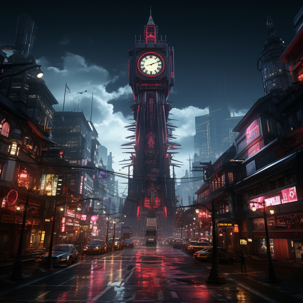 Cyberpunk city clock tower in gloomy ambiance