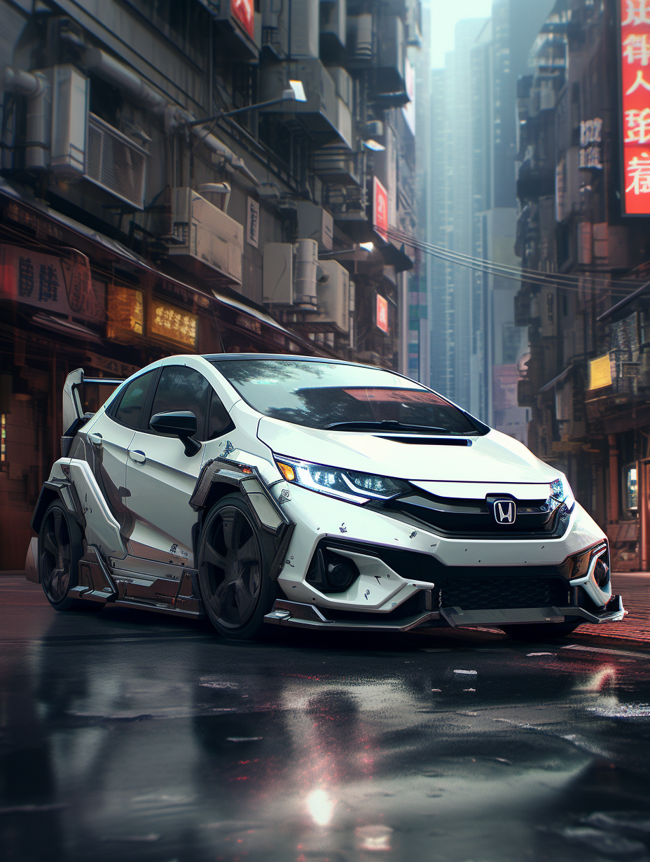 Tuned white Honda Fit in cyberpunk city