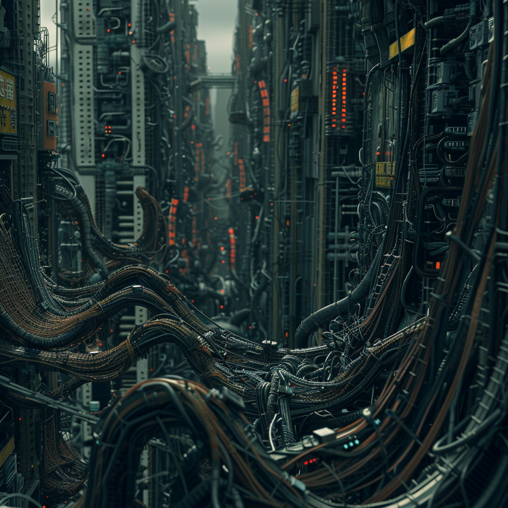 Cyberpunk city cables detailed view