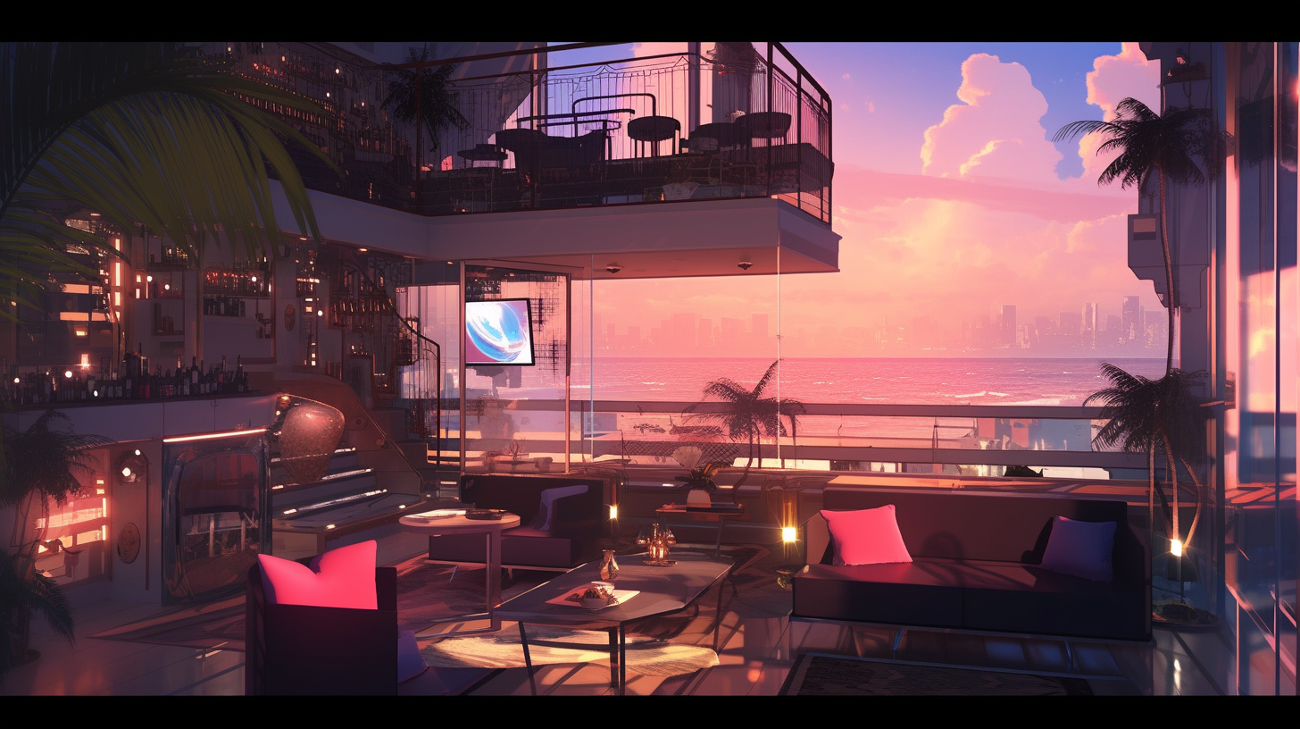 Cyberpunk condo overlooking beach at golden hour