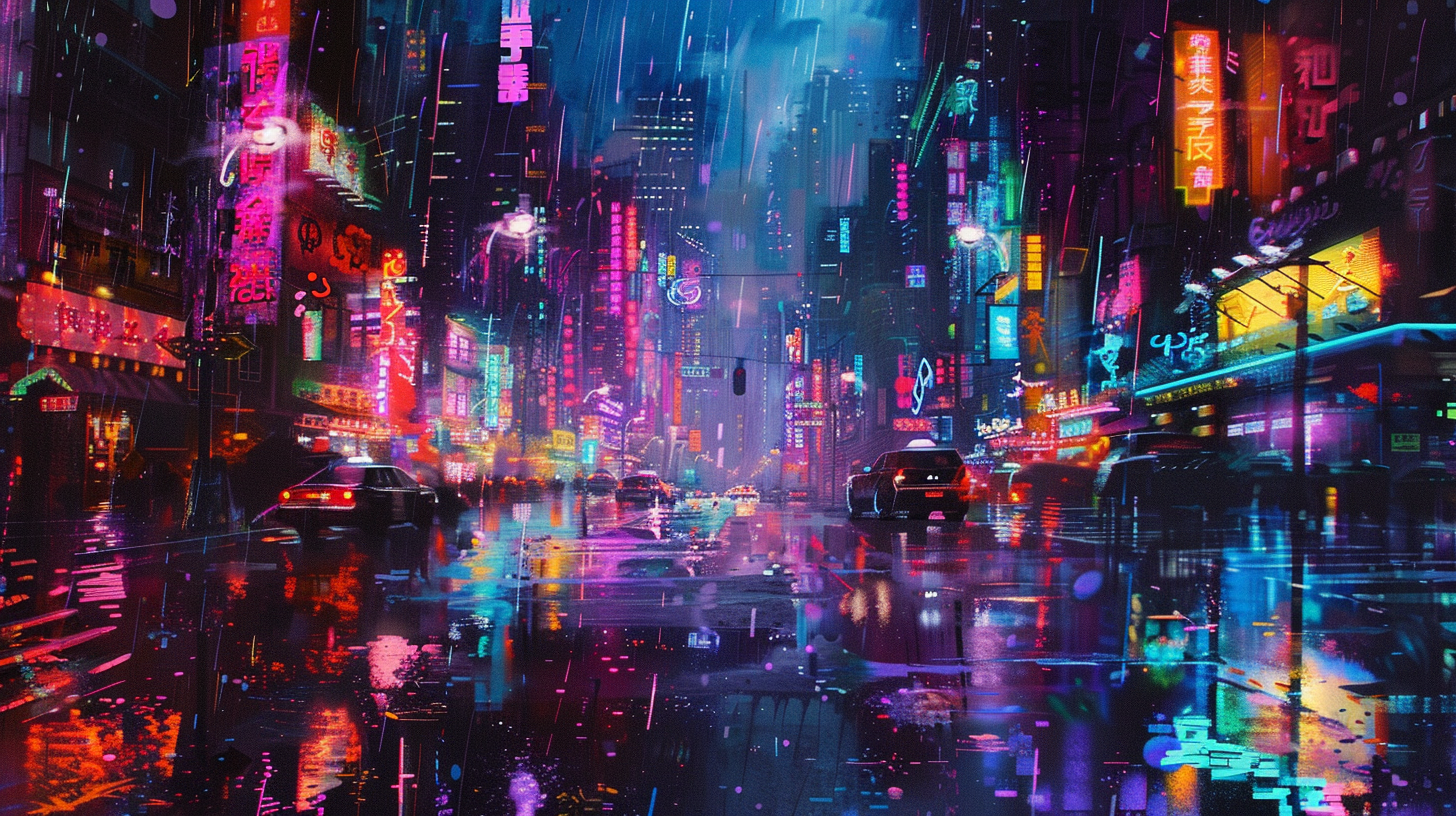 Cyberpunk cozy rain neon lights