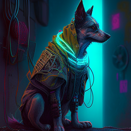 Cyberpunk dog reflecting on life