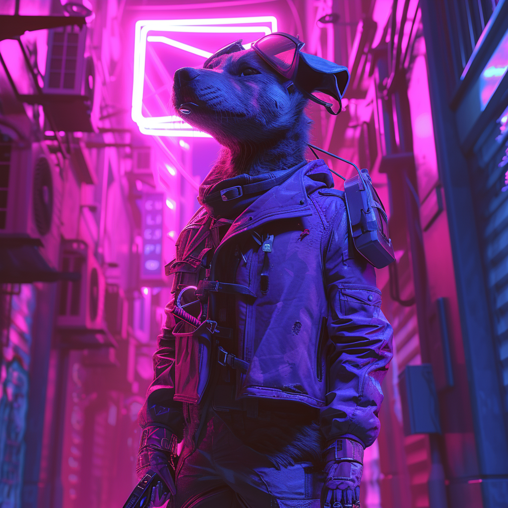 Cyberpunk dog reflecting on mysteries of life