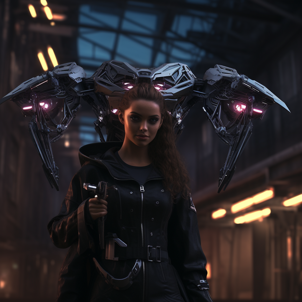 Cyberpunk drone holding shield