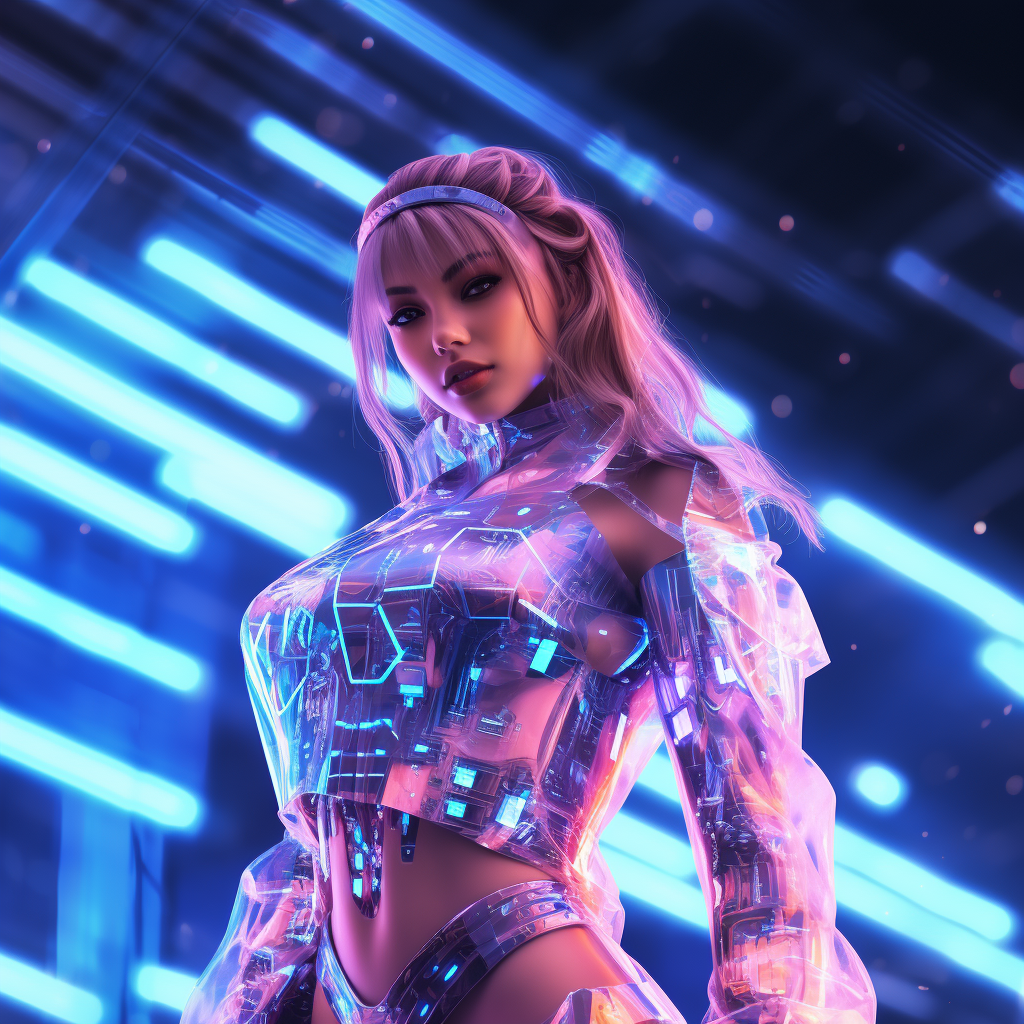 Cyberpunk Fashion Sales Girl in Holographic Projection Clothing