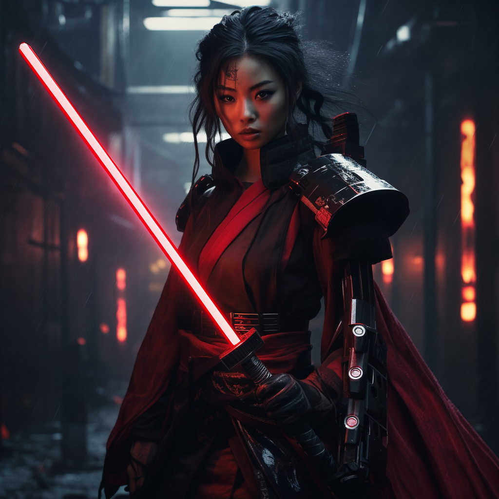 Cyberpunk Female Japanese Dark Samurai with Red Lightsaber