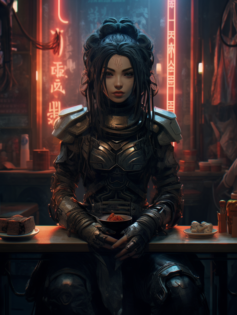 Female enjoying Cyberpunk Noodle Soup