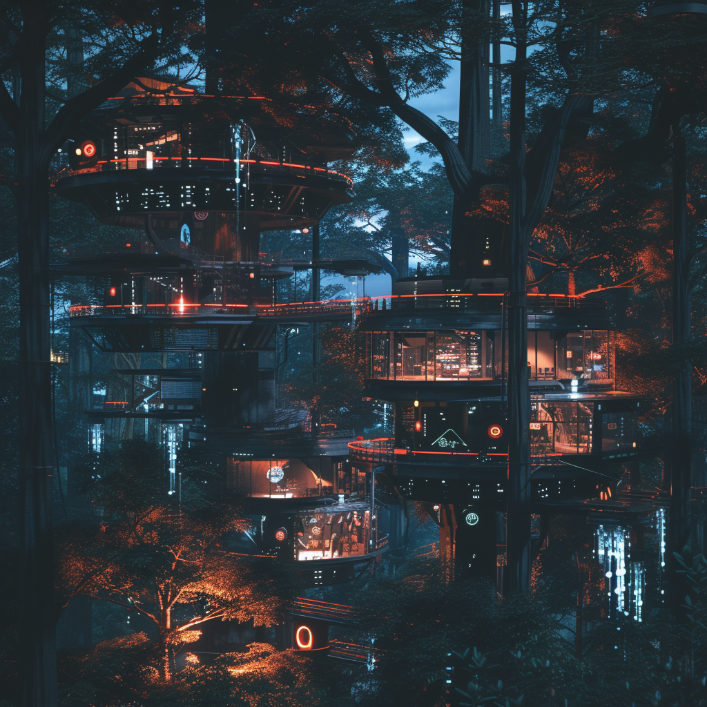 Cyberpunk Futuristic Anime Forest Night Treehouse