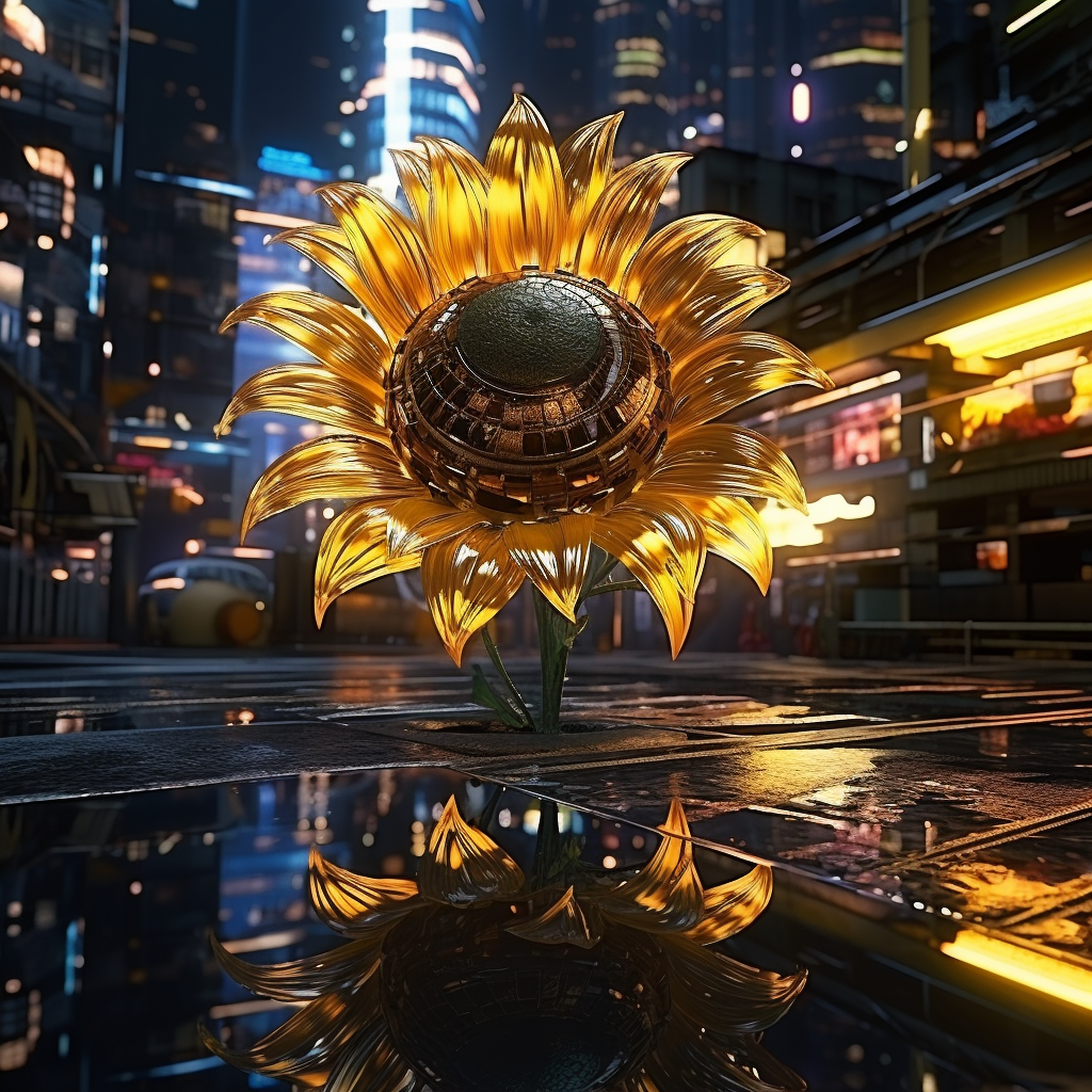 Close-up View of a Sunflower on Cyberpunk Japan City Street