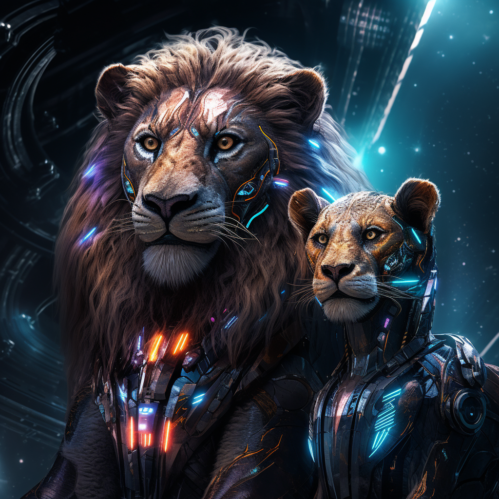 Majestic Cyberpunk Galaxy Lion and Lioness