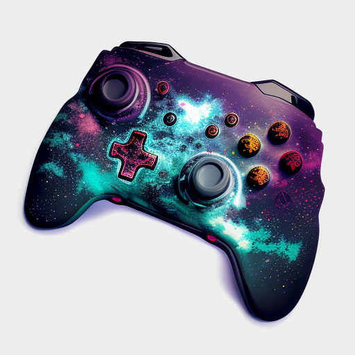 Cyberpunk gaming controller traveling through galaxies