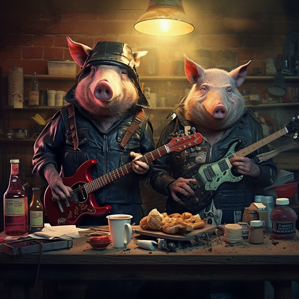 Two giggling cyberpunk pigs rocking out with an electric guitar